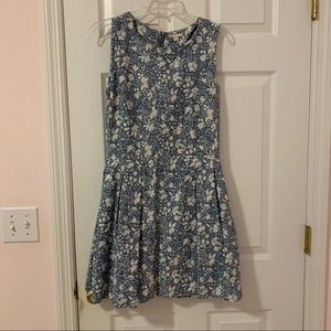 White and Blue Floral Printed Chambray Dress